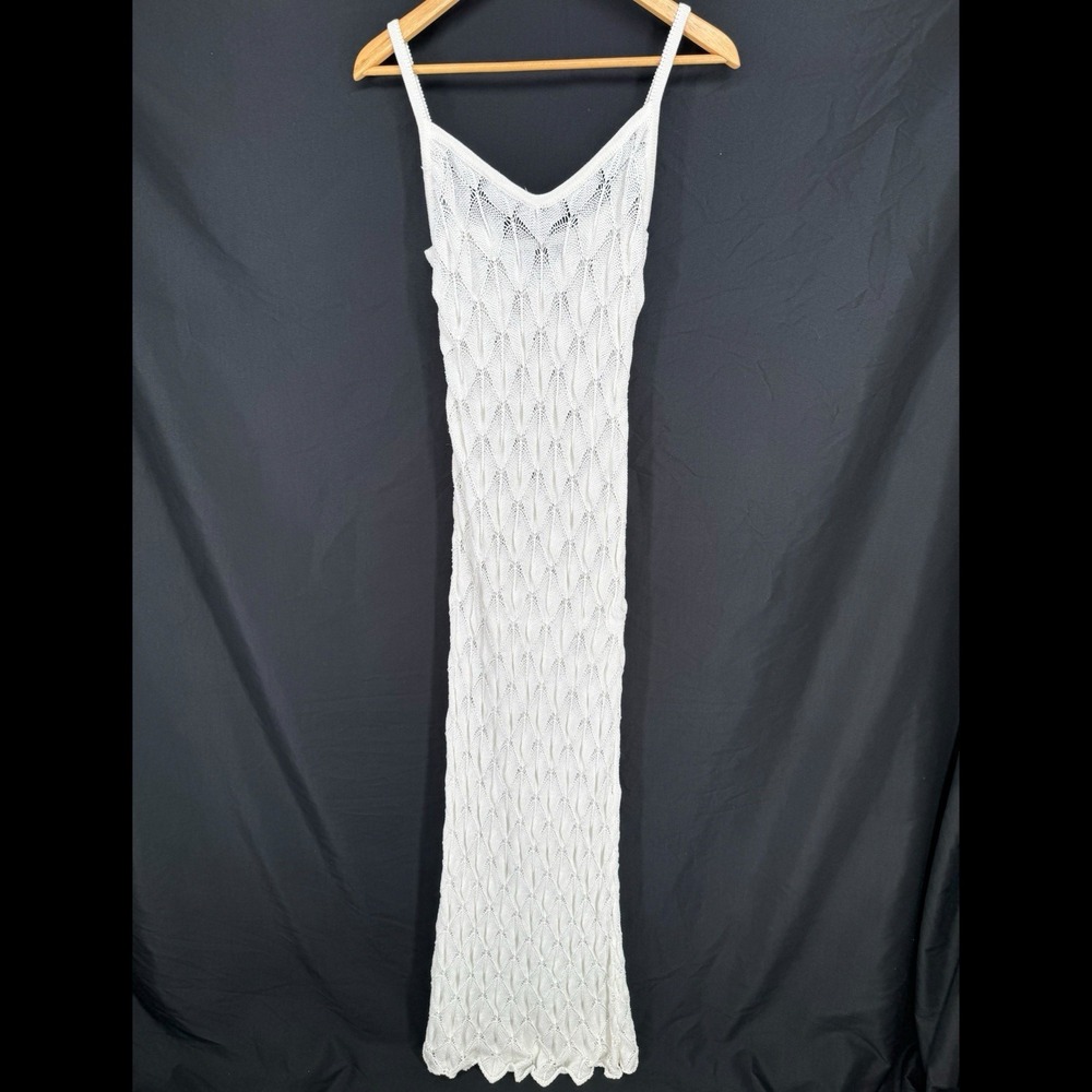 Boho Sheer Crochet Maxi Dress M Resort Beach Cover Up Long Bodycon Romantic Knit